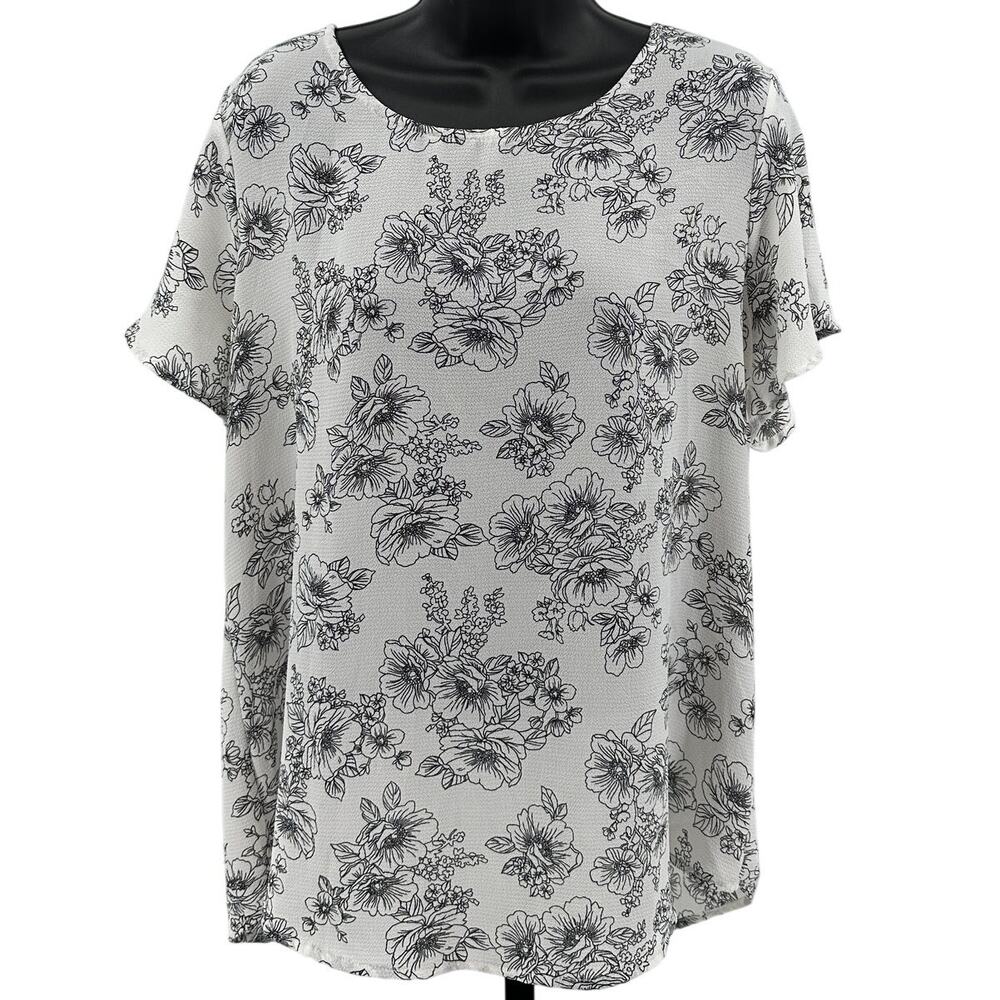 Jella C. Tops Womens XL Cream Black Floral Short Sleeve Keyhole Back Round Neck